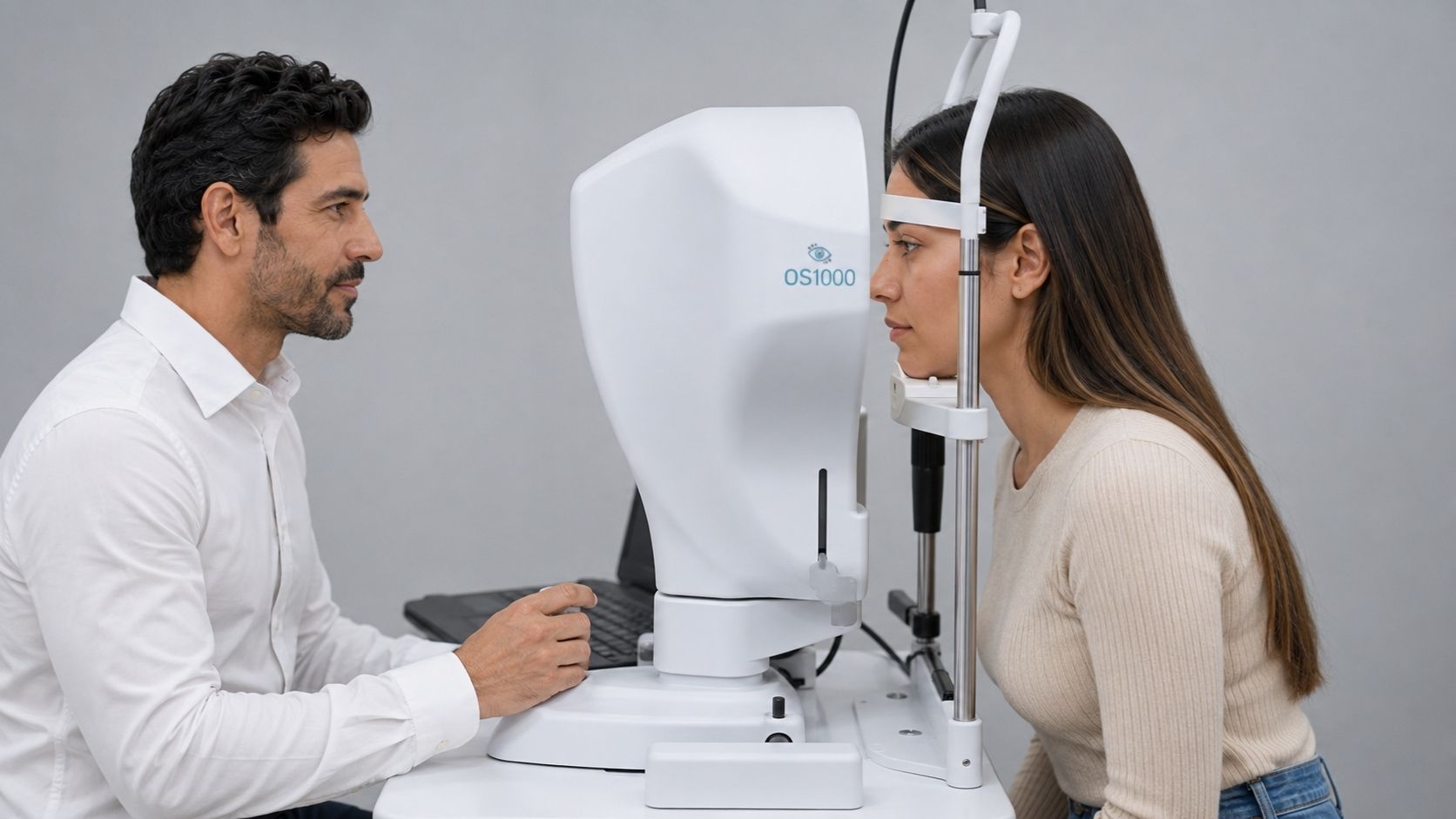 Patient undergoing corneal topography examination